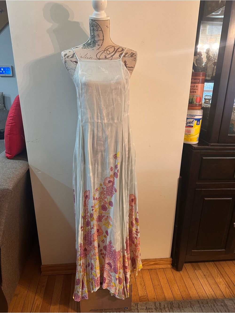 Free People Light Green Maxi Dress with Pink & Yellow Floral Hem
